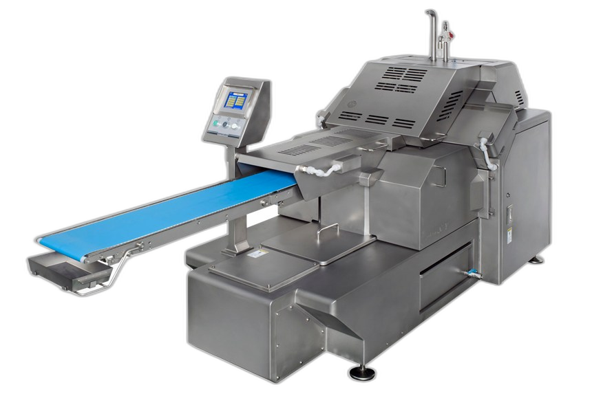NCI AXY-201CE compact band-knife slicer with blue output conveyor
